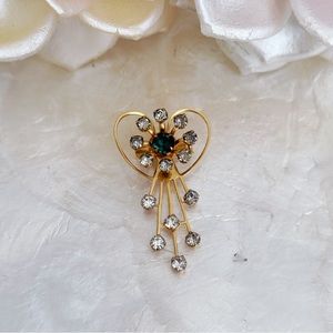 Vintage White & Green Rhinestone Gold Tone Floral Spray Brooch 2”